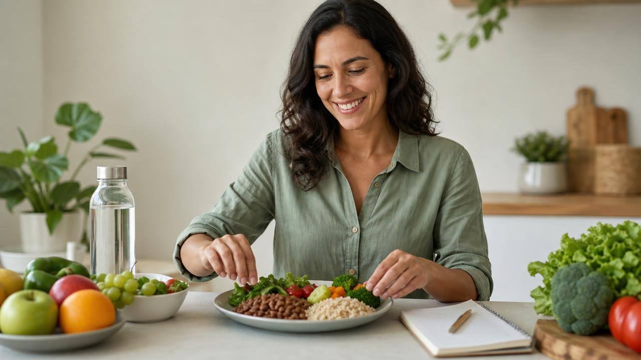 Pessoa planejando uma refeição equilibrada em uma mesa organizada, com alimentos naturais e caderno de hábitos