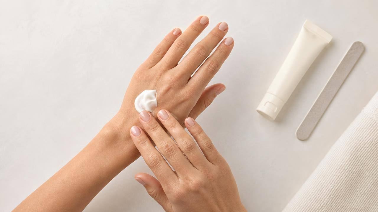 Mãos com unhas naturais bem cuidadas, hidratadas e com acabamento discreto sobre fundo claro