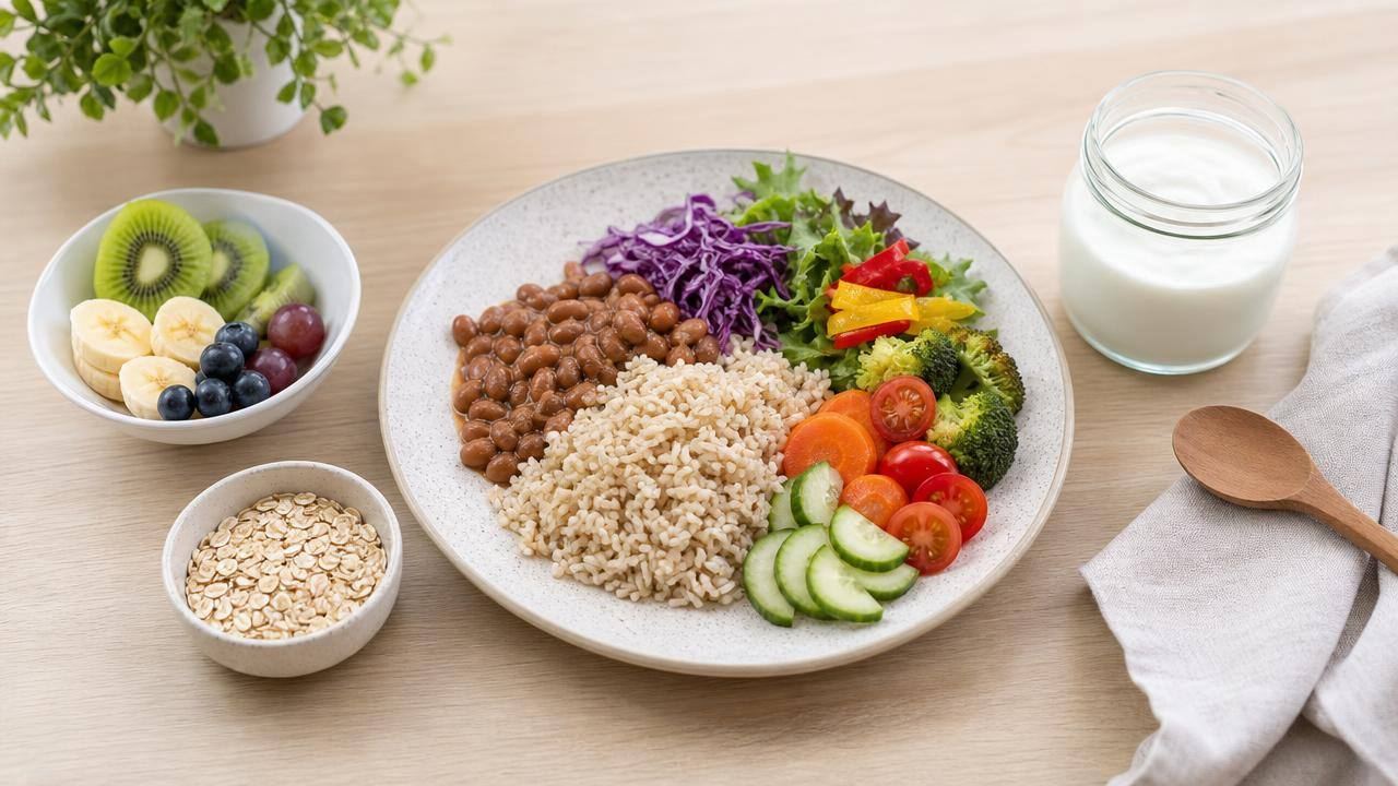 Prato equilibrado com feijão, vegetais, frutas e aveia ao lado de um pote de iogurte natural, representando cuidados com a microbiota intestinal.
