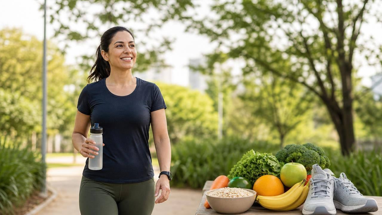 Pessoa caminhando ao ar livre com garrafa de água e alimentos naturais ao lado, representando hábitos para reduzir gordura corporal
