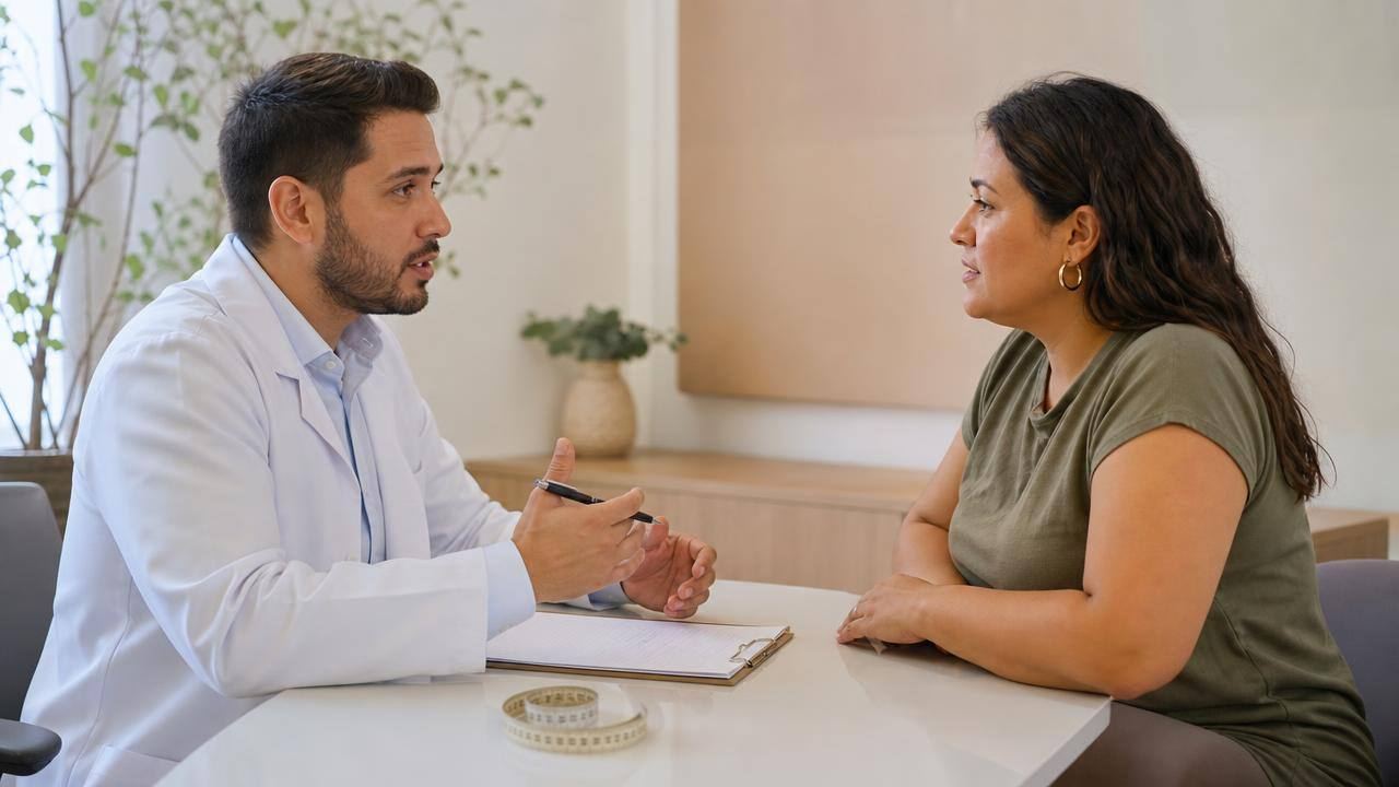 Profissional de saúde conversando com paciente sobre plano individualizado de controle de peso em consultório