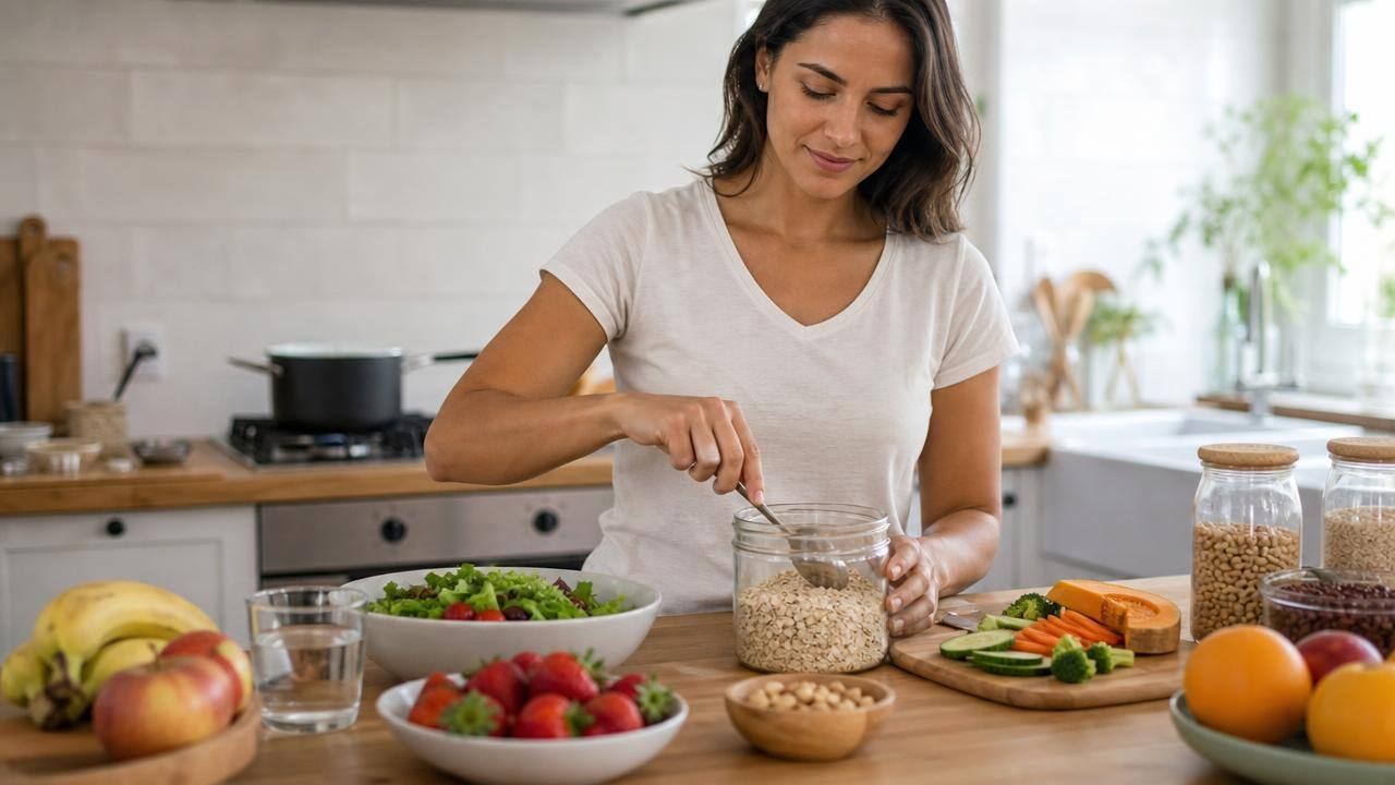 Pessoa preparando uma refeição equilibrada com aveia, frutas, sementes e legumes em uma cozinha iluminada
