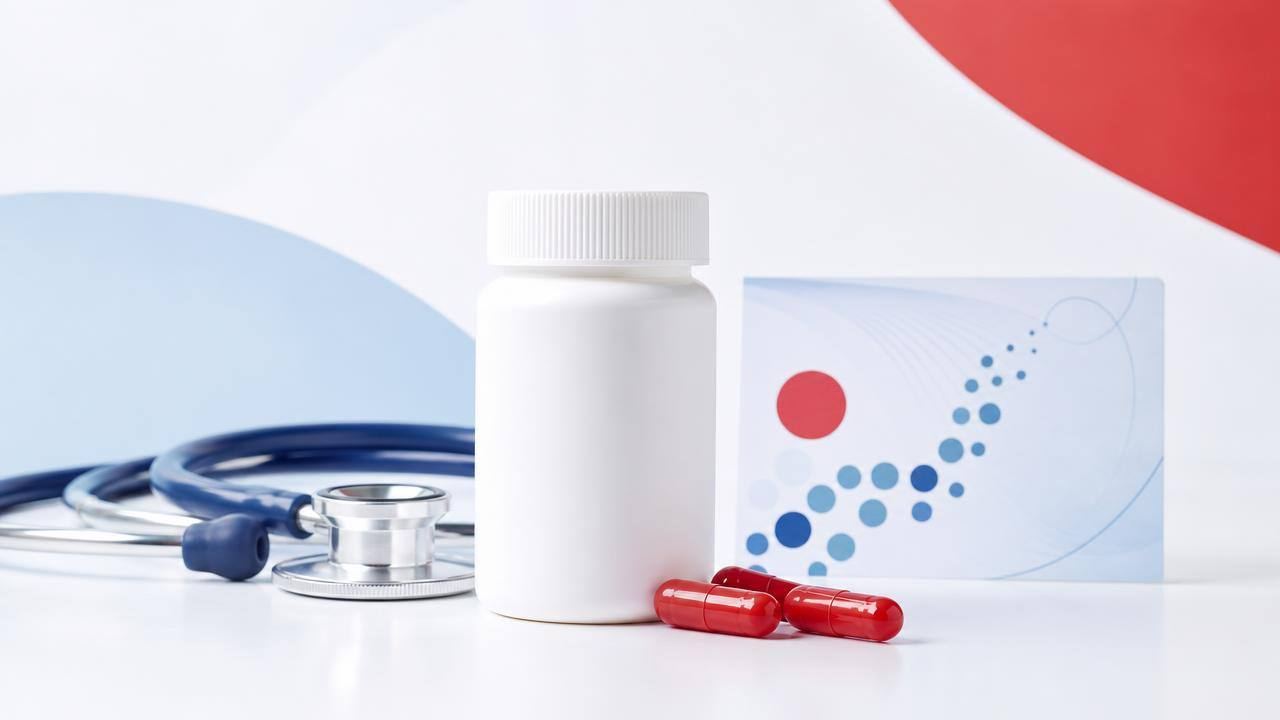 Frasco de suplemento de vitamina B12, cápsulas e resultado de exame laboratorial em composição editorial limpa