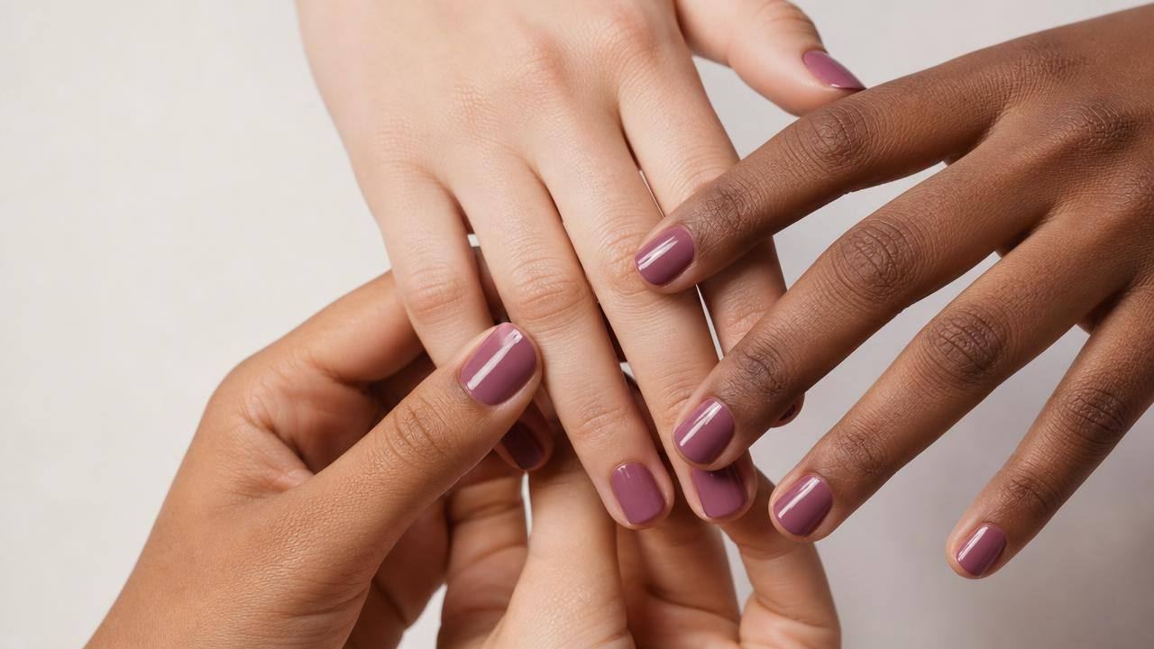 Mãos com unhas curtas esmaltadas em tom ameixa rosado, sobre fundo claro e minimalista