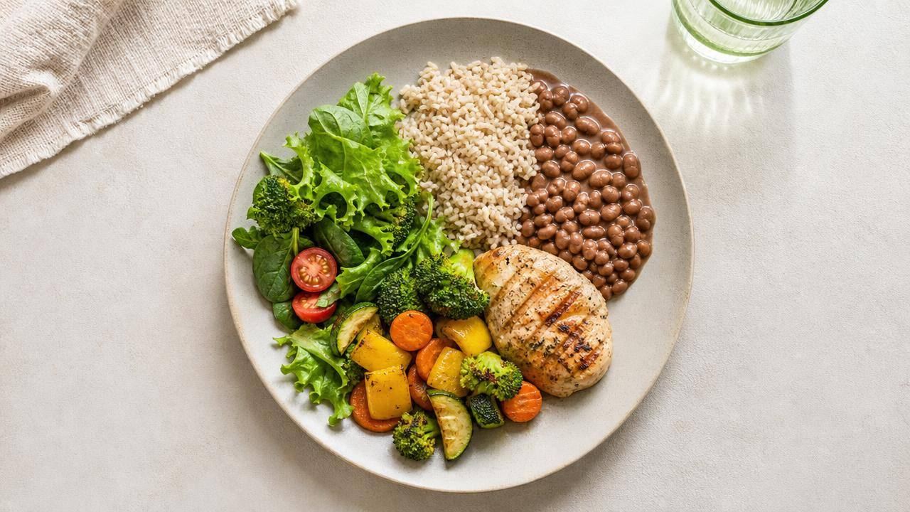 Prato equilibrado com legumes, feijão, arroz integral e proteínas, representando a redução consciente de carboidratos.