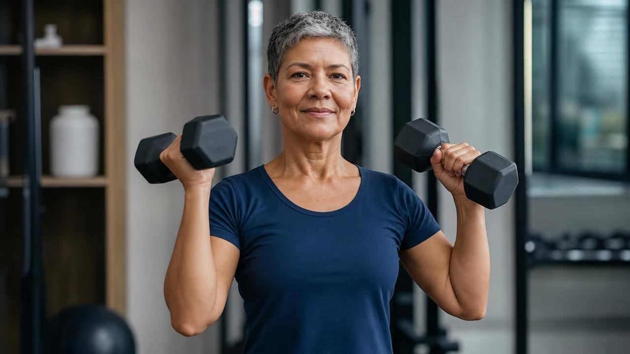 Pessoa acima de 55 anos realizando treino de força com halteres ao lado de um pote neutro de creatina em ambiente de academia clara e moderna.