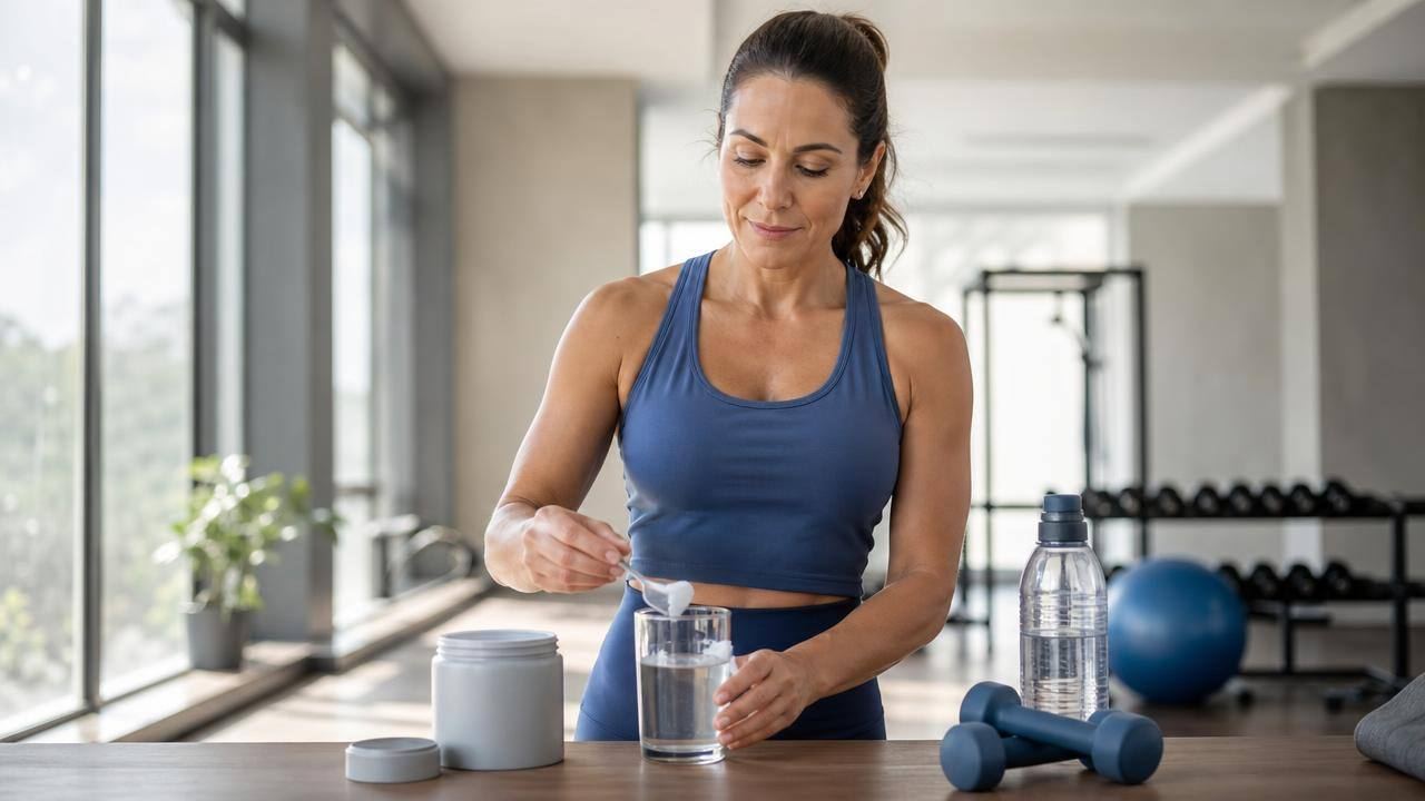 Mulher acima dos 40 anos preparando creatina monohidratada após treino de força em academia clara e moderna