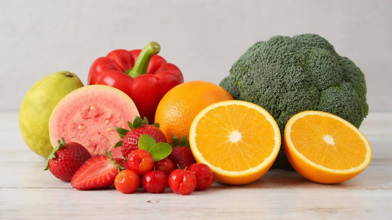 Frutas, pimentão e brócolis frescos organizados sobre uma mesa clara, representando fontes alimentares de vitamina C