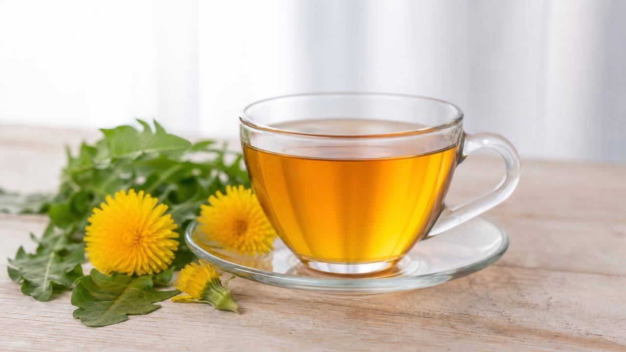Xícara de chá de dente-de-leão com flores amarelas e folhas frescas em mesa clara