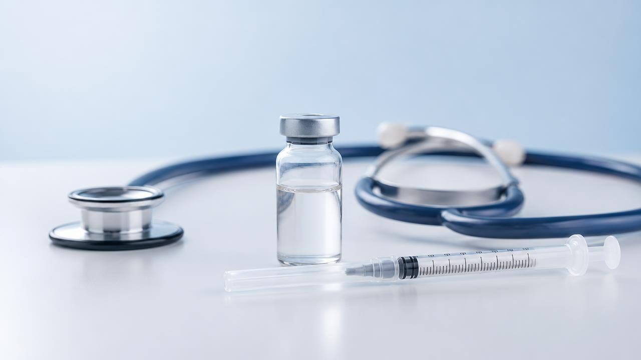 Ampola de medicamento injetável e estetoscópio sobre superfície clara, representando o uso médico de testosterona