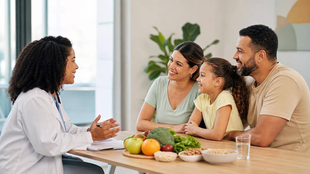 Profissional de saúde conversando com uma família sobre alimentação equilibrada em ambiente clínico claro e acolhedor
