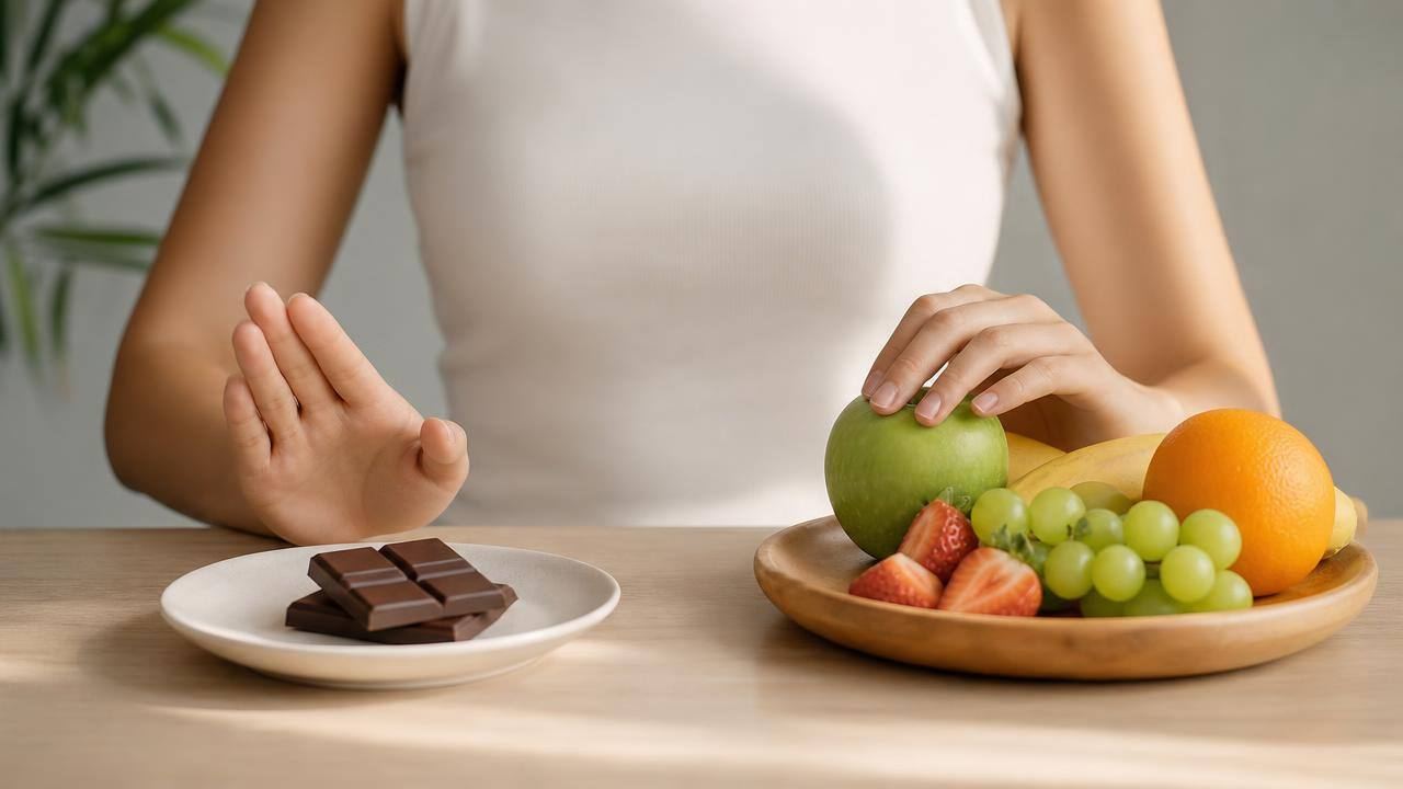 Pessoa escolhendo entre frutas e doces em uma mesa organizada, representando escolhas alimentares equilibradas