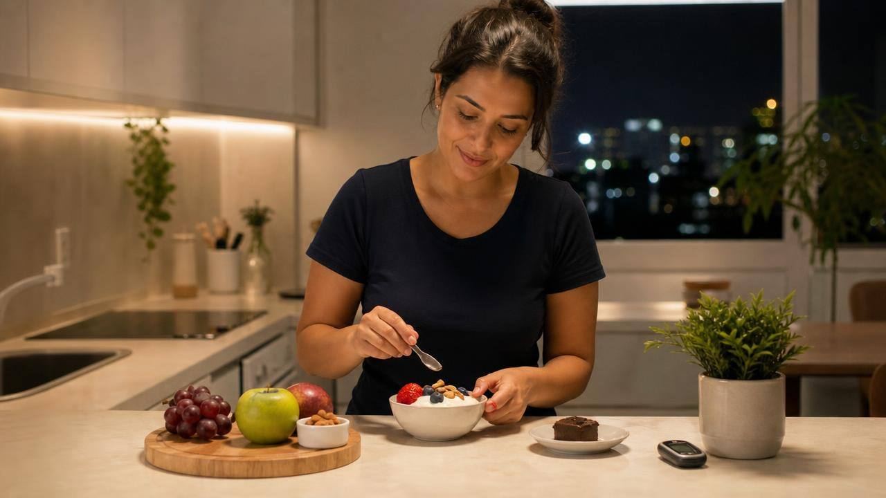 Pessoa montando um lanche noturno equilibrado com fruta, iogurte natural e pequena porção de doce em uma cozinha clara