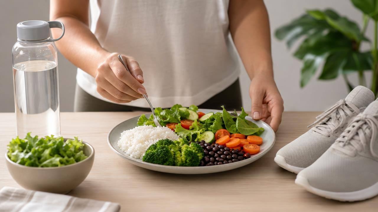 Pessoa adulta organizando uma refeição equilibrada ao lado de tênis e garrafa de água, representando hábitos para perder barriga com saúde