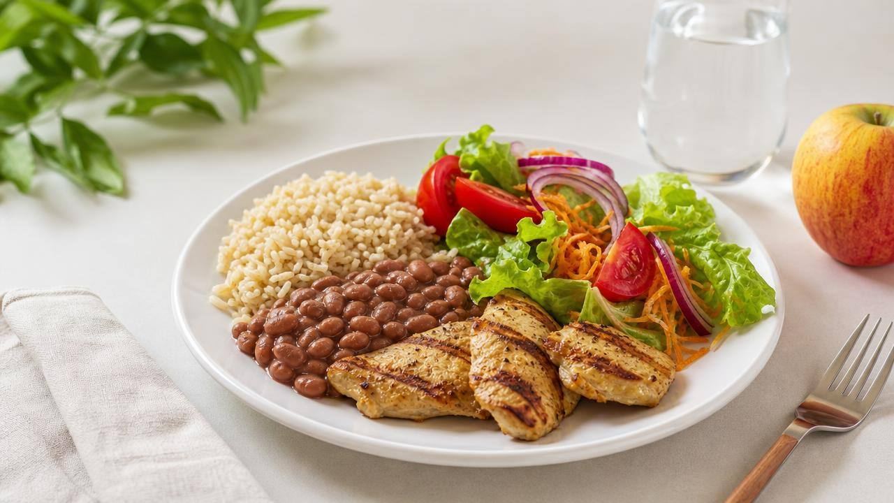 Prato equilibrado com arroz, feijão, frango grelhado, salada e fruta, representando um cardápio hipocalórico planejado