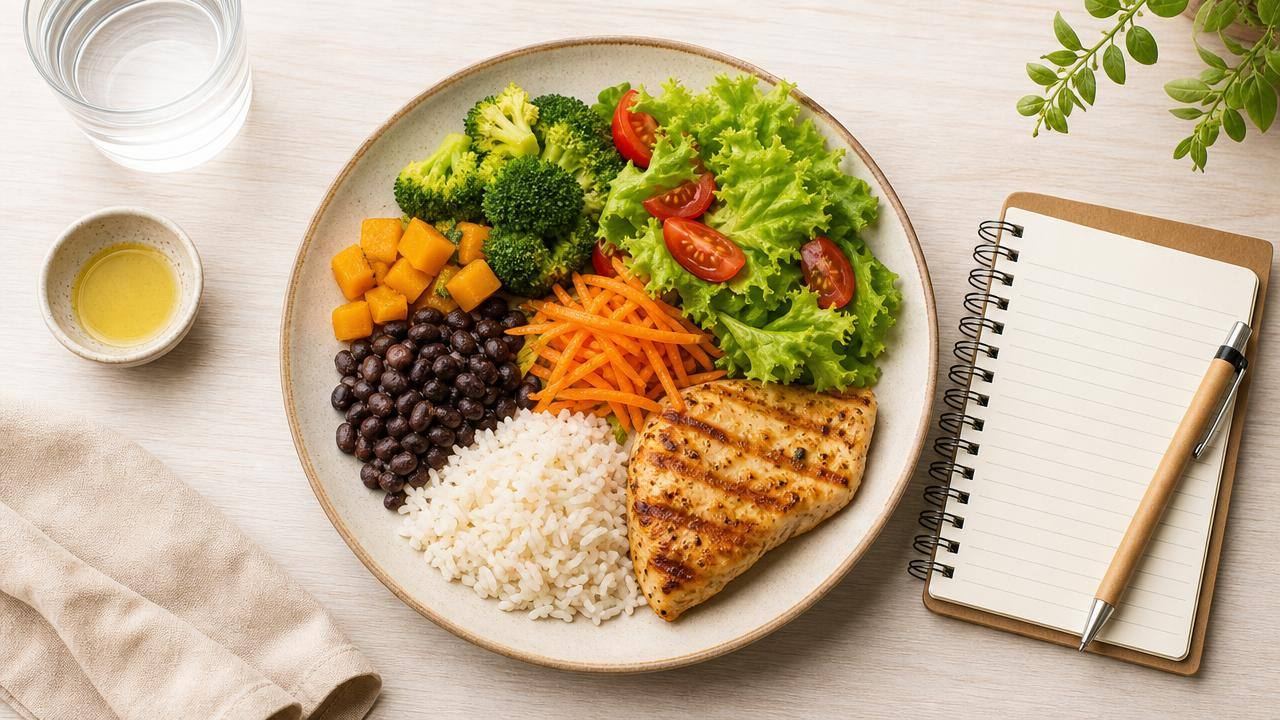 Prato equilibrado com legumes, proteína, feijão e arroz em porção moderada, ao lado de um contador de calorias simples.