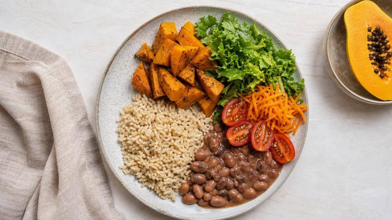 Prato equilibrado com arroz, feijão, legumes, salada e fruta fresca em mesa clara