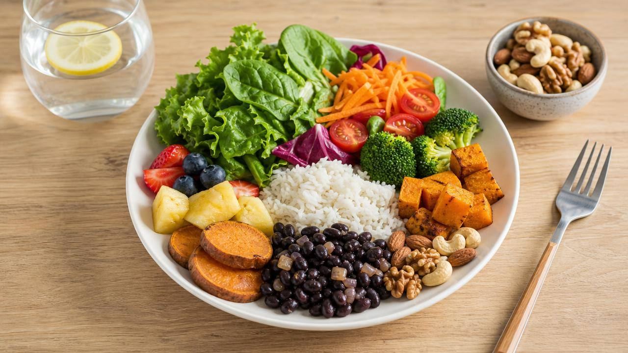 Prato equilibrado com folhas verdes, legumes, arroz, feijão, frutas e castanhas sobre mesa clara