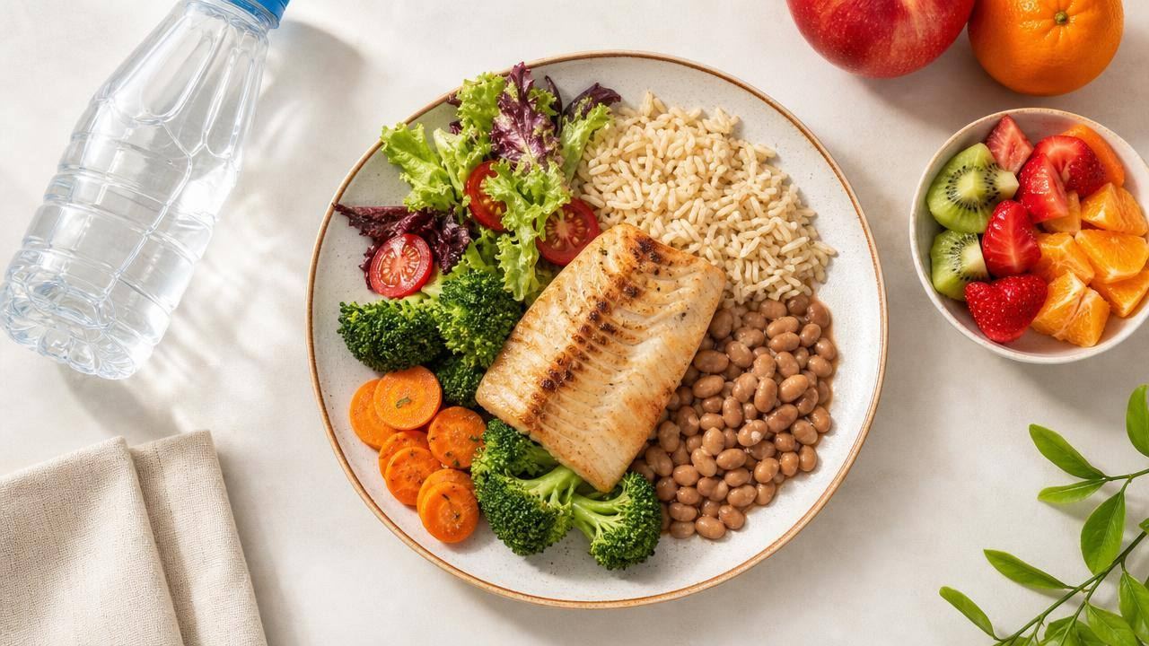 Prato equilibrado com arroz integral, feijão, vegetais, peixe e uma garrafa de água em fundo claro