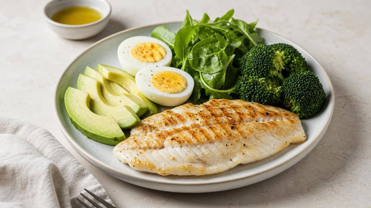 Prato equilibrado com peixe, ovos, salada, legumes e abacate, representando uma dieta baixa em carboidratos