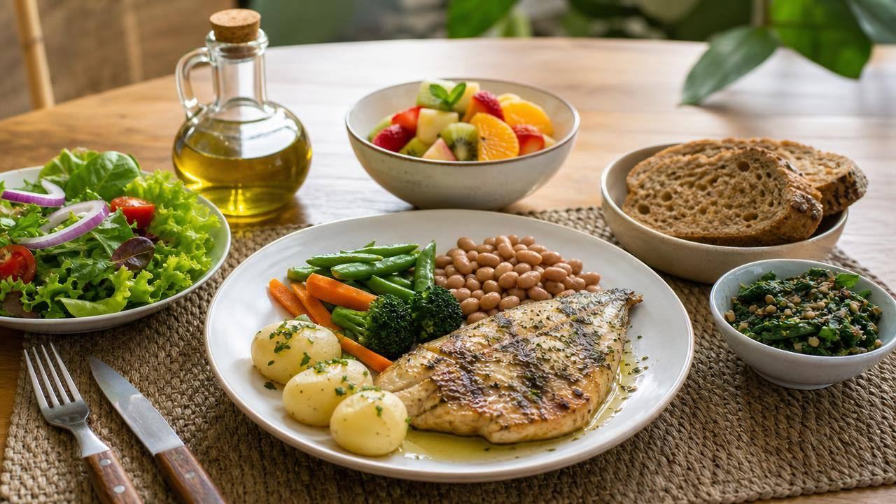 Mesa com peixe assado, legumes, feijão, batata cozida, frutas e azeite, representando a dieta atlântica