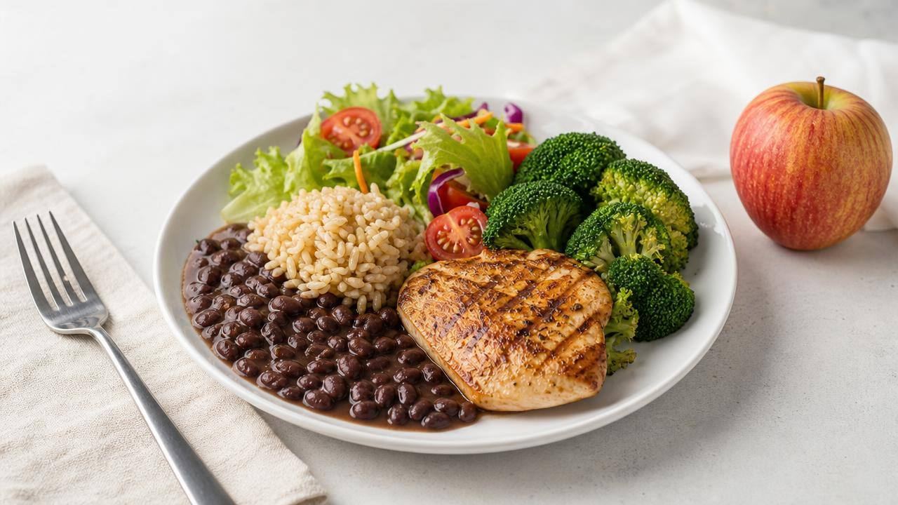 Prato equilibrado com feijão, arroz integral, vegetais, frango grelhado e frutas, representando uma dieta de baixa carga glicêmica