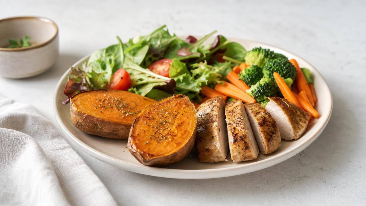 Batata-doce assada cortada ao meio em prato claro, acompanhada de salada e fonte de proteína em composição limpa e editorial