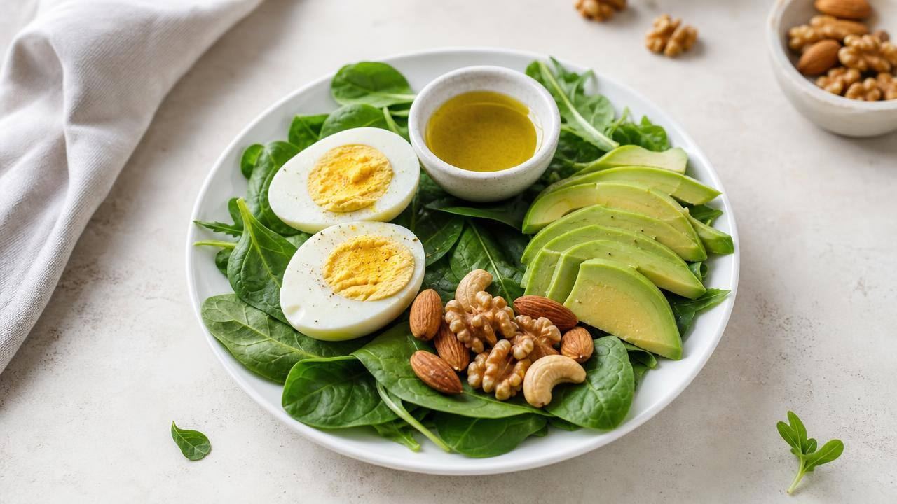 Prato equilibrado com ovos, folhas verdes, abacate, azeite e castanhas em uma mesa clara