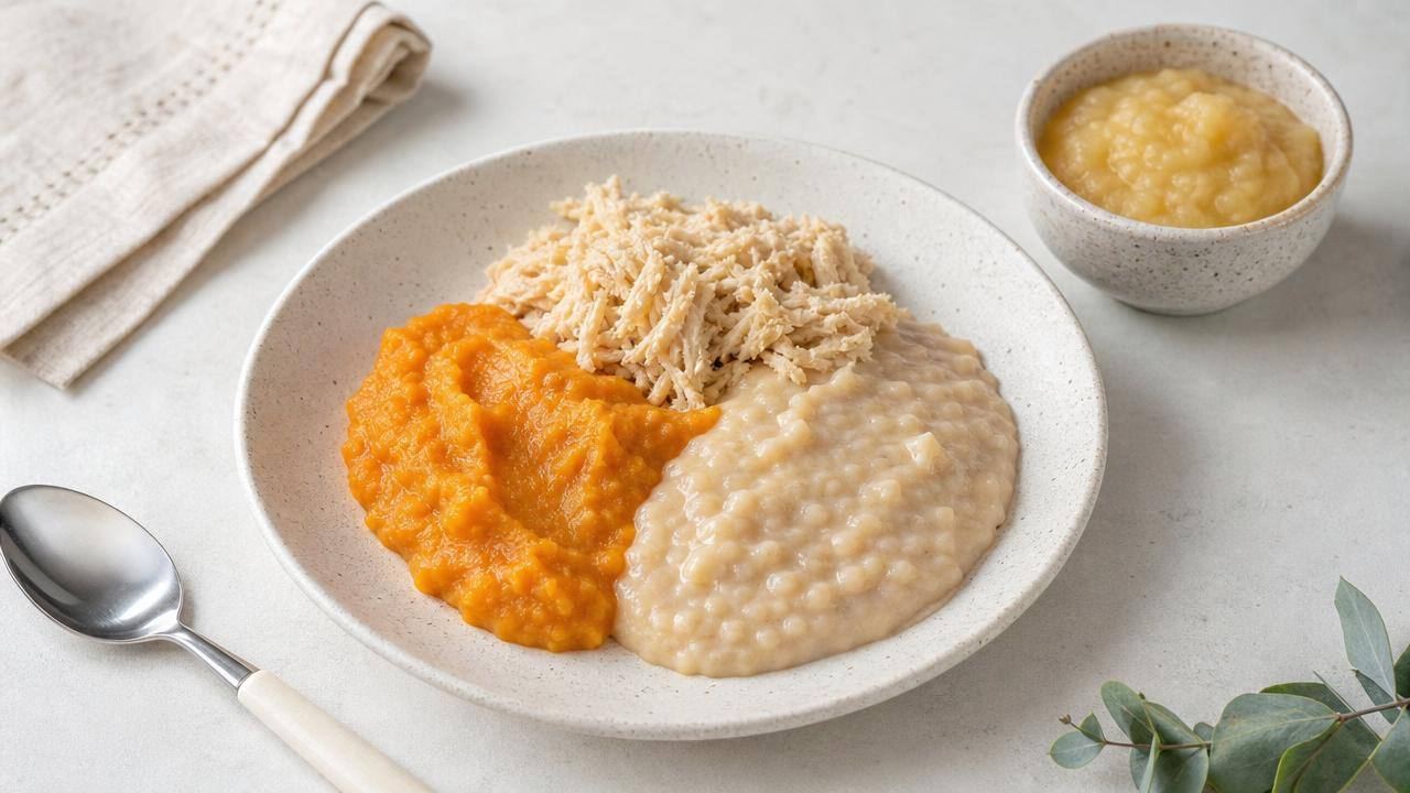 Prato com purê de legumes, creme de feijão e alimento proteico triturado, representando uma dieta cremosa equilibrada