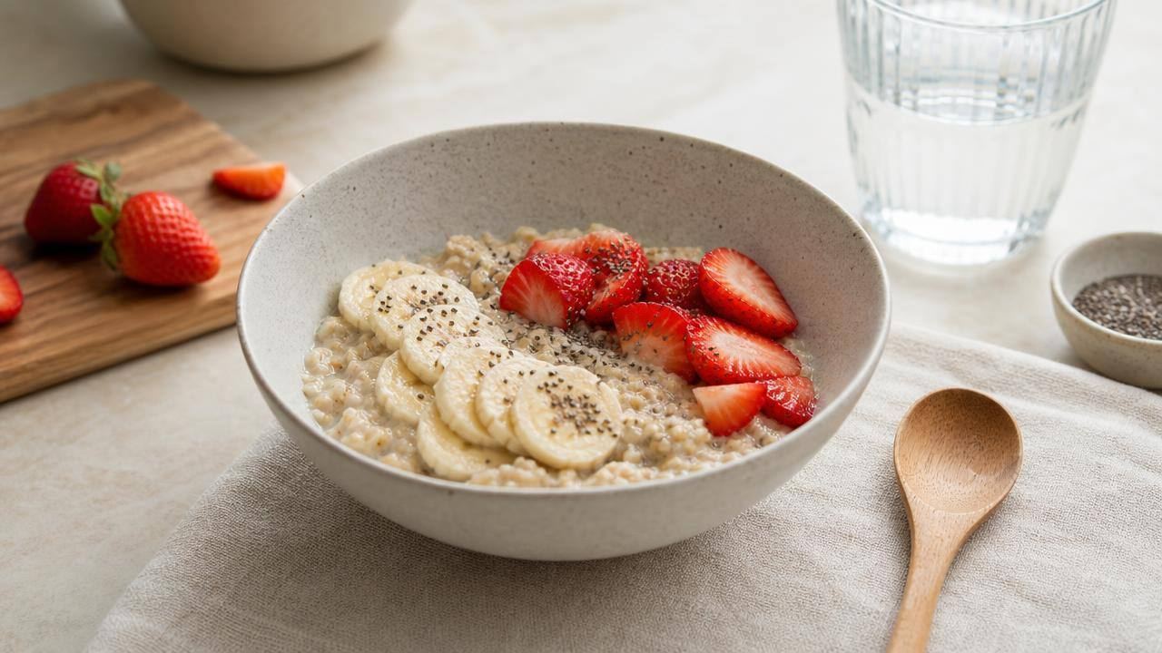 Tigela de aveia com frutas frescas e sementes sobre mesa clara, em composição limpa e equilibrada