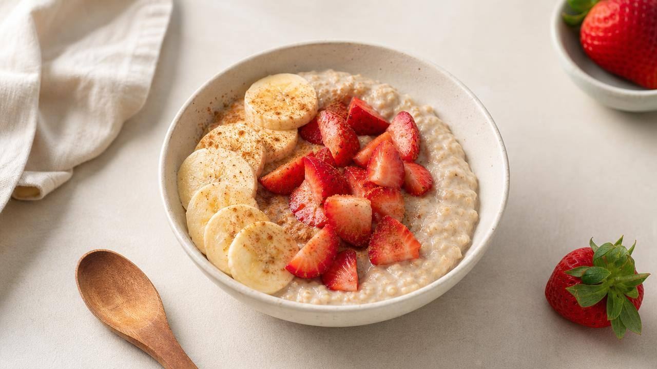 Tigela de aveia com frutas frescas e colher sobre uma mesa clara