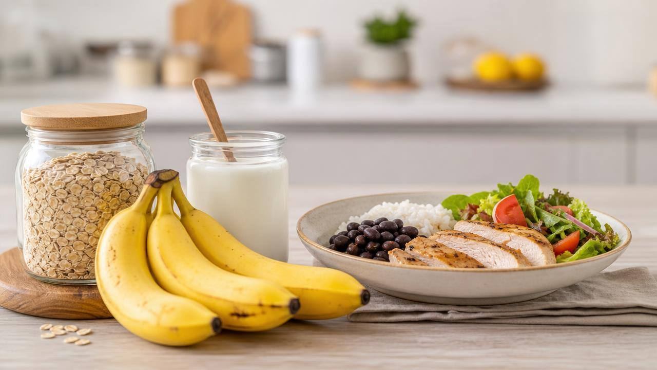 Bananas frescas ao lado de aveia, iogurte natural e um prato com refeição equilibrada