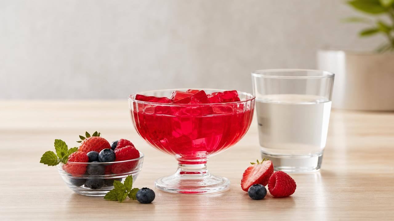 Taça transparente com gelatina de morango sem açúcar ao lado de frutas frescas em mesa clara