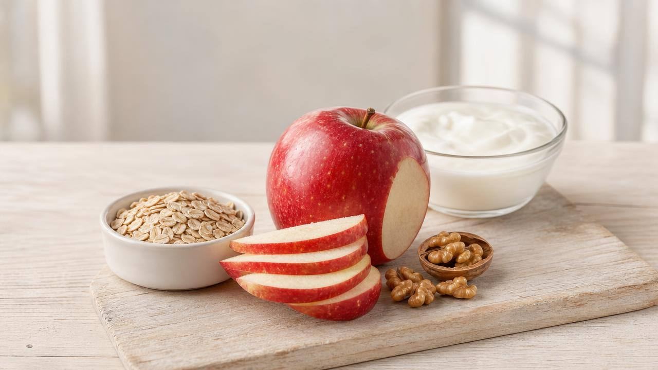 Maçã fresca fatiada ao lado de aveia e iogurte natural em uma mesa clara, representando alimentação equilibrada