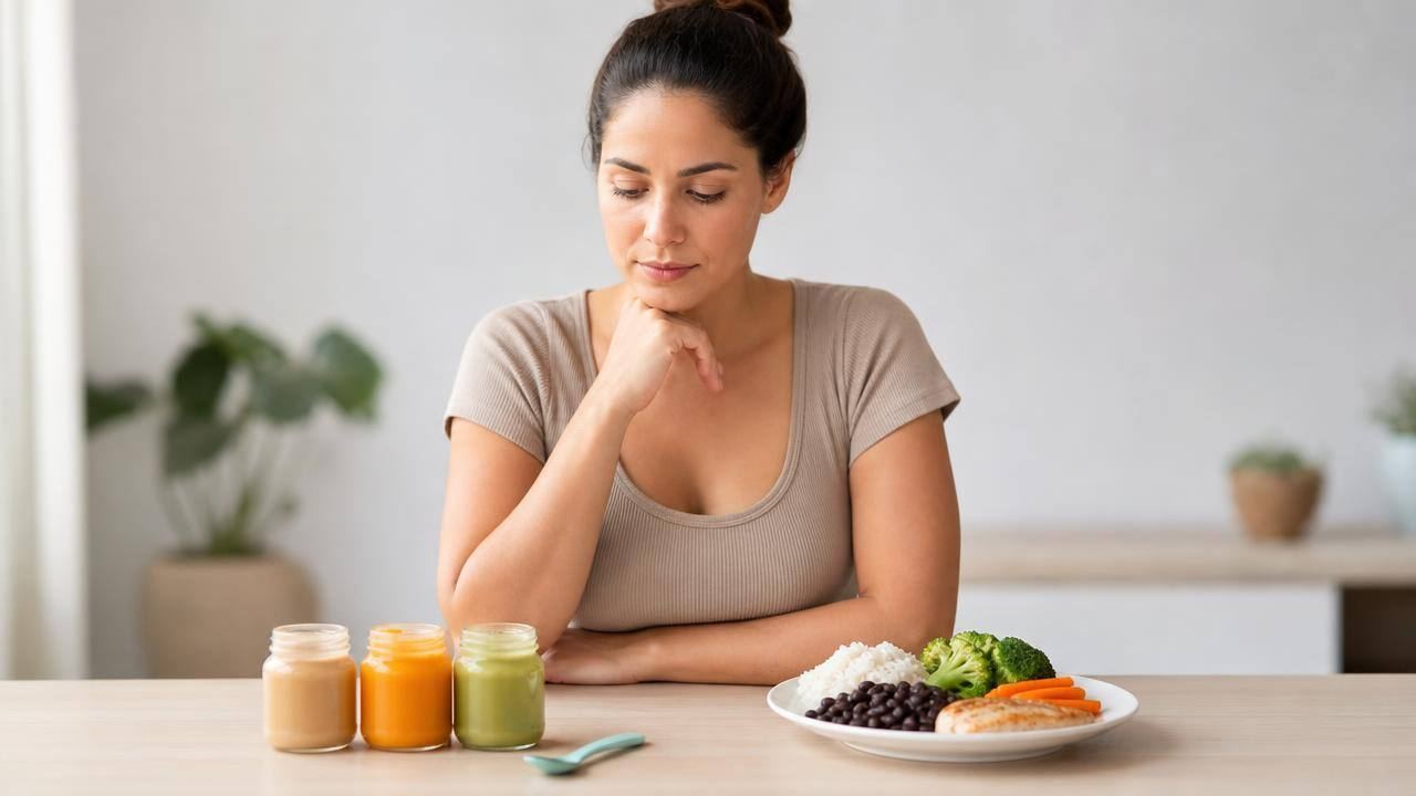 Pessoa adulta diante de refeições equilibradas e pequenas porções de papinha infantil, ilustrando os limites da dieta da papinha de bebê