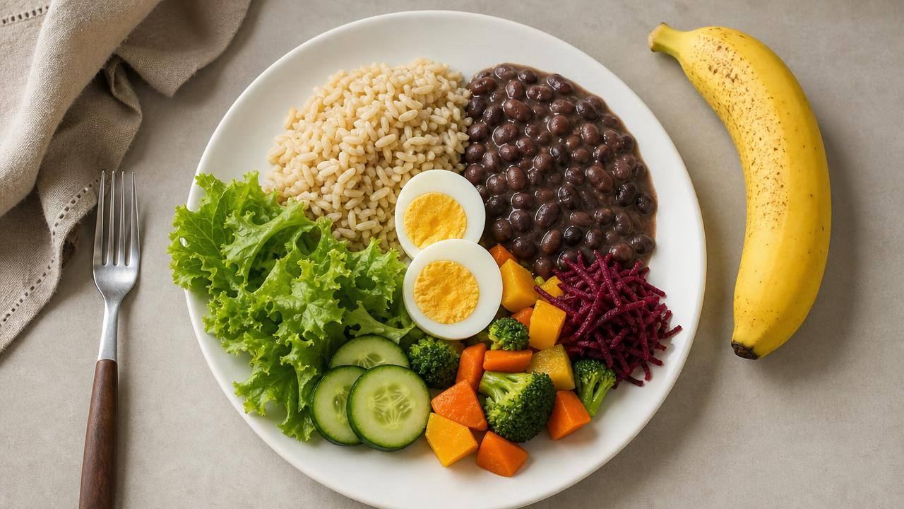 Prato equilibrado com arroz integral, feijão, ovo, folhas e banana, representando uma alimentação variada