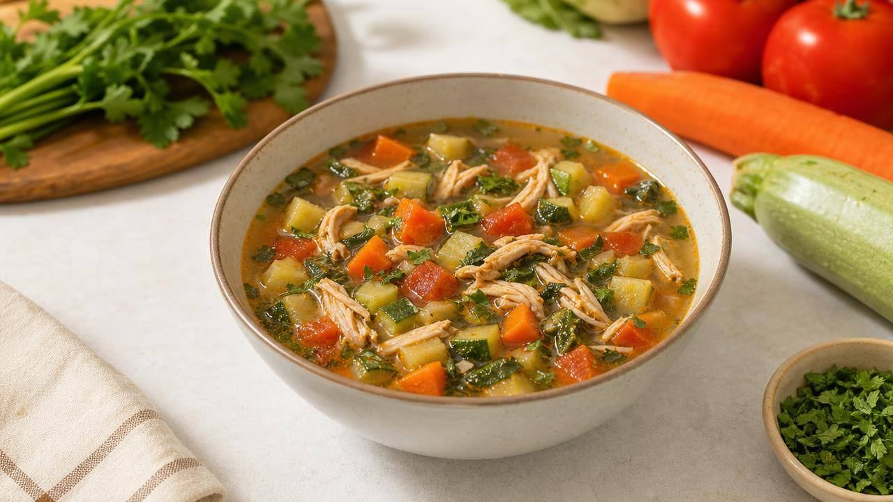 Tigela de sopa caseira de legumes com frango desfiado, acompanhada de ingredientes frescos sobre mesa clara