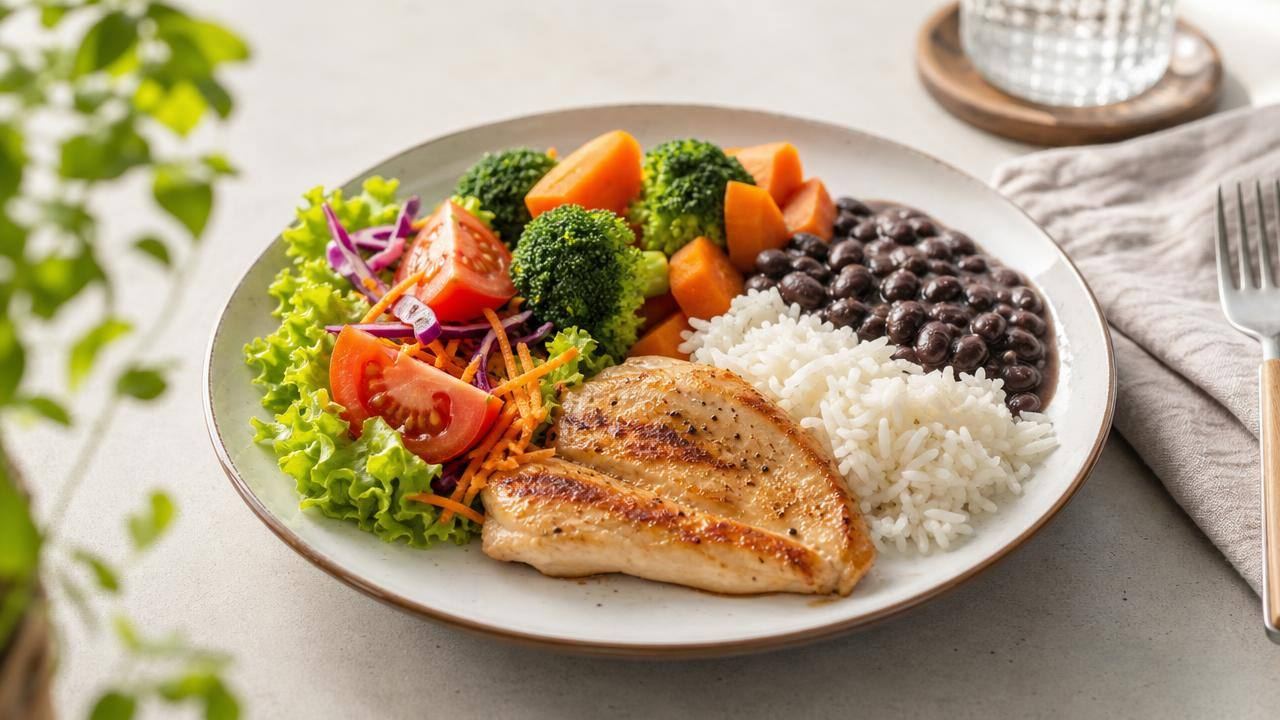 Prato simples e equilibrado com arroz, feijão, legumes e salada em mesa clara, representando alimentação saudável sem dietas restritivas