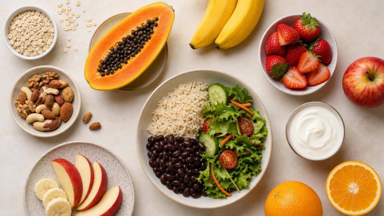 Frutas frescas, aveia, iogurte natural, castanhas e vegetais organizados sobre uma mesa clara para ilustrar um cardápio equilibrado