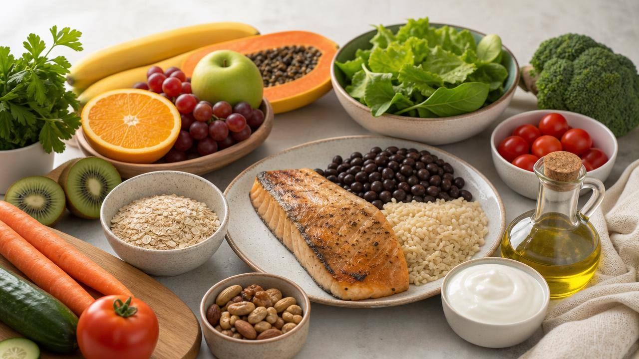 Mesa com frutas, verduras, feijão, cereais integrais, peixe e azeite representando a dieta DASH