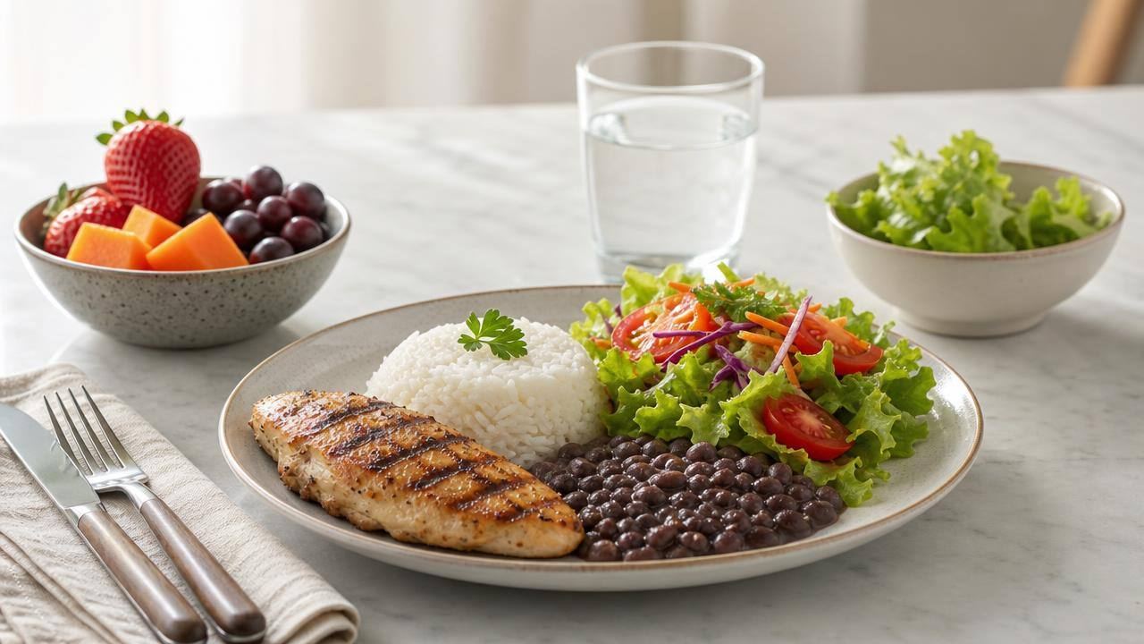 Mesa organizada com alimentos naturais, legumes, frutas, arroz, feijão e água para representar uma alimentação equilibrada voltada ao emagrecimento.