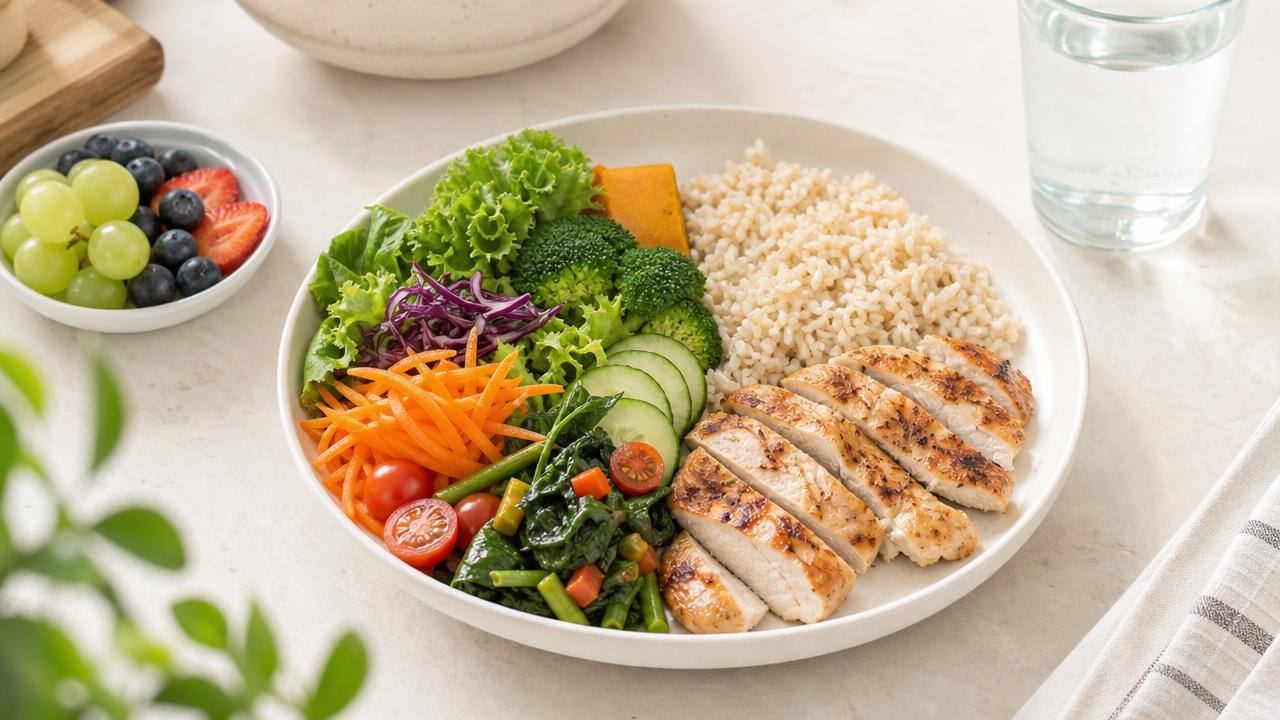 Prato saudável inspirado na Dieta de Singapura, com arroz integral, frango, legumes e frutas