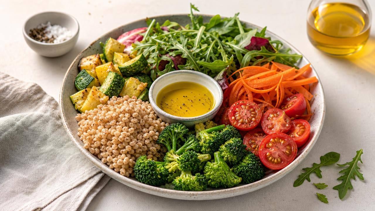 Prato equilibrado com vegetais coloridos, grãos integrais, tomate, folhas e azeite, representando a Dieta de Sonoma