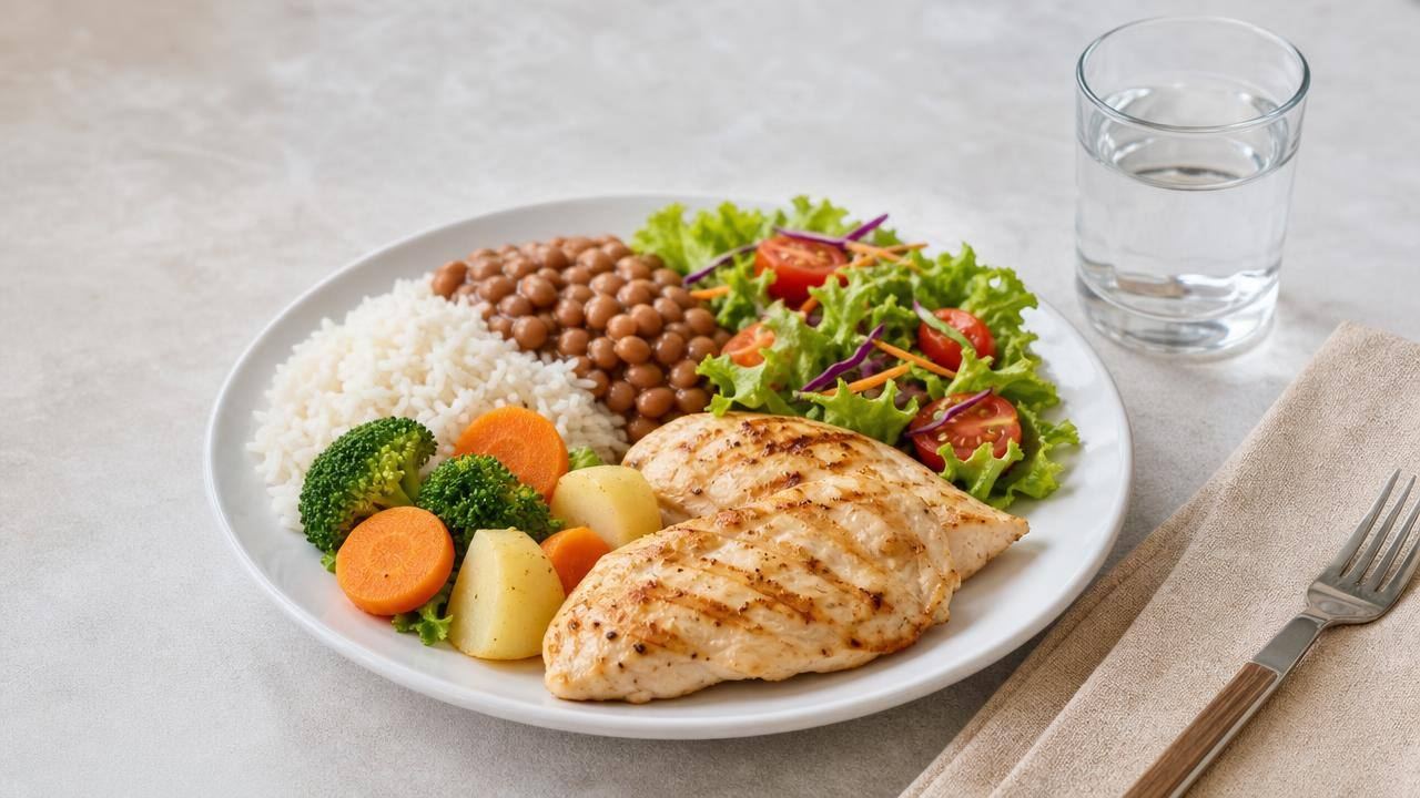 Prato equilibrado com arroz, feijão, legumes, salada e fonte de proteína, representando dieta de suporte GLP-1