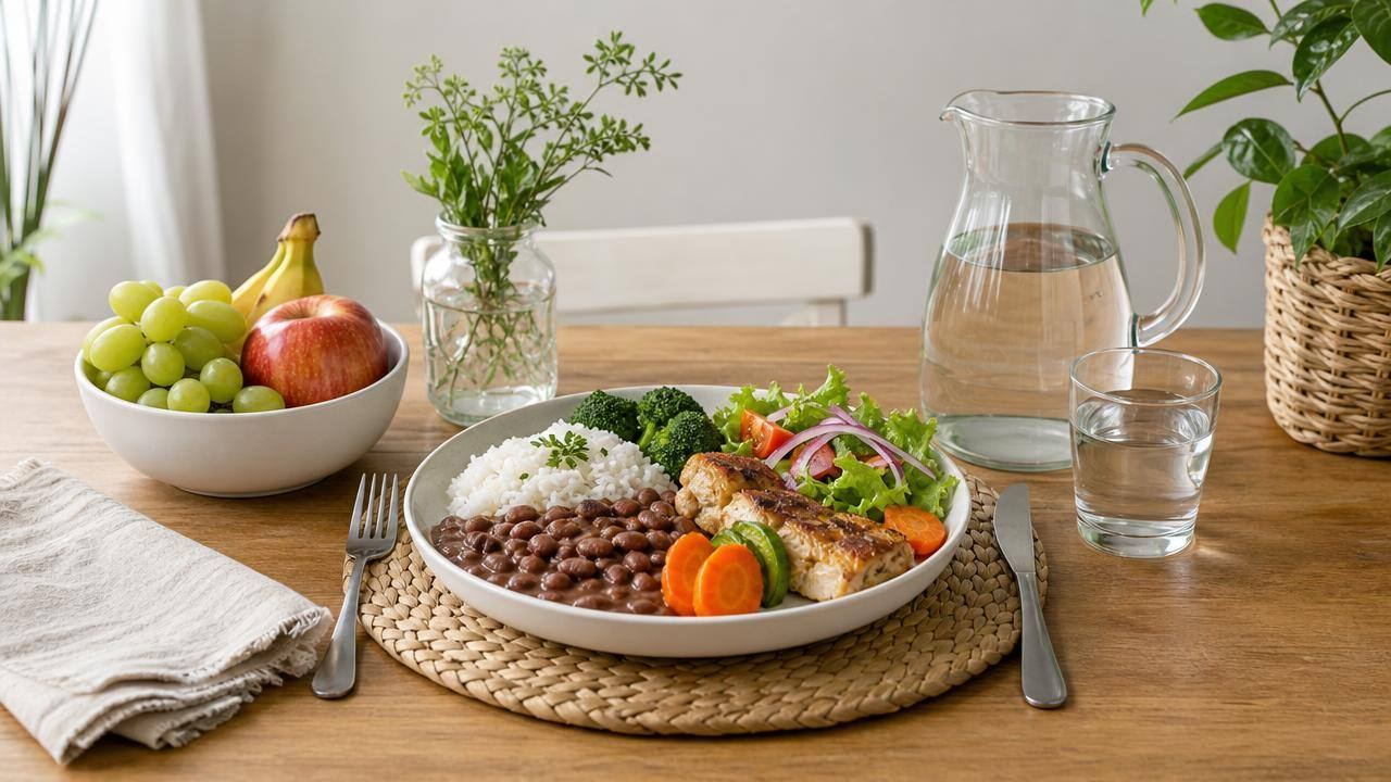 Mesa clara com frutas, verduras, grãos, água e uma refeição caseira equilibrada