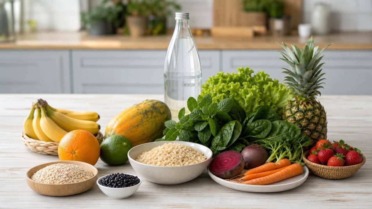 Mesa clara com frutas, verduras, grãos integrais, feijão e uma garrafa de água, representando uma alimentação equilibrada