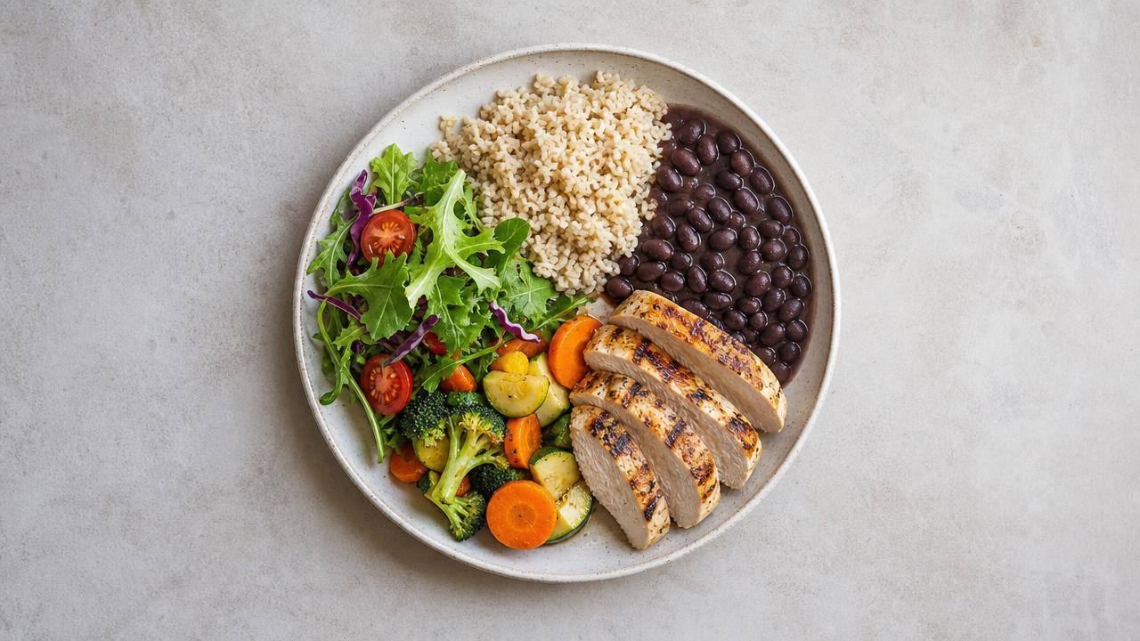 Prato equilibrado com arroz integral, feijão, frango grelhado, salada e legumes