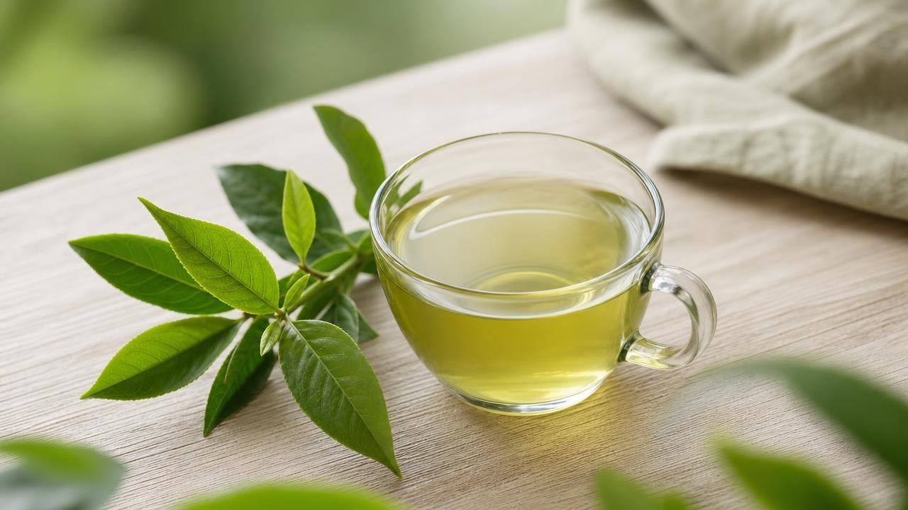 Xícara de chá verde com folhas de Camellia sinensis sobre mesa clara, em composição editorial minimalista.