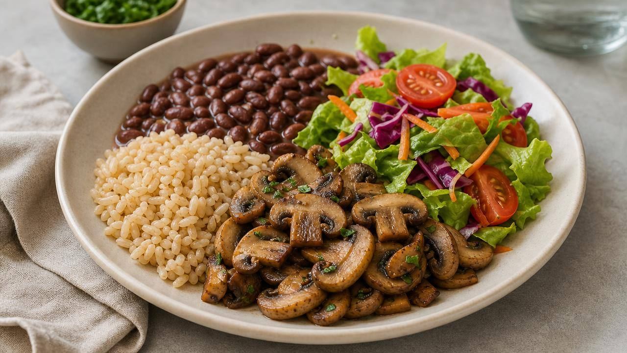 Prato equilibrado com cogumelos salteados, arroz integral, feijão e salada em mesa clara