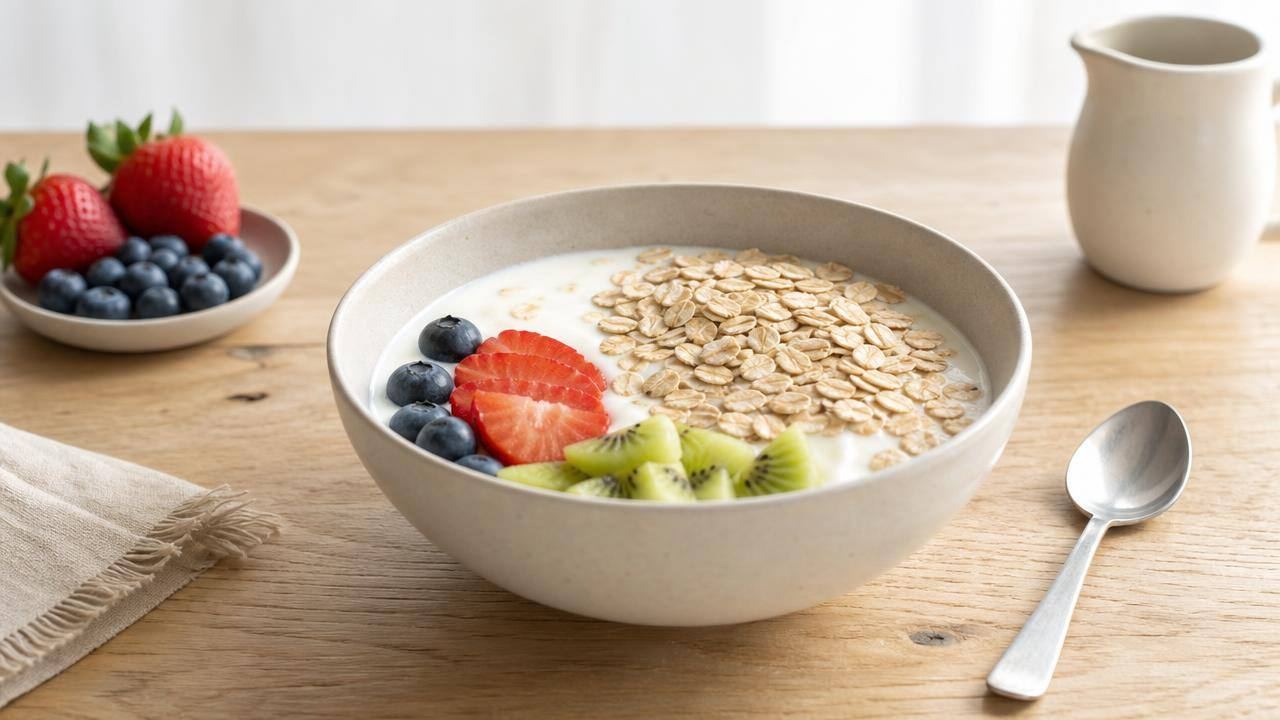 Tigela de iogurte natural morno com aveia e frutas frescas em mesa clara
